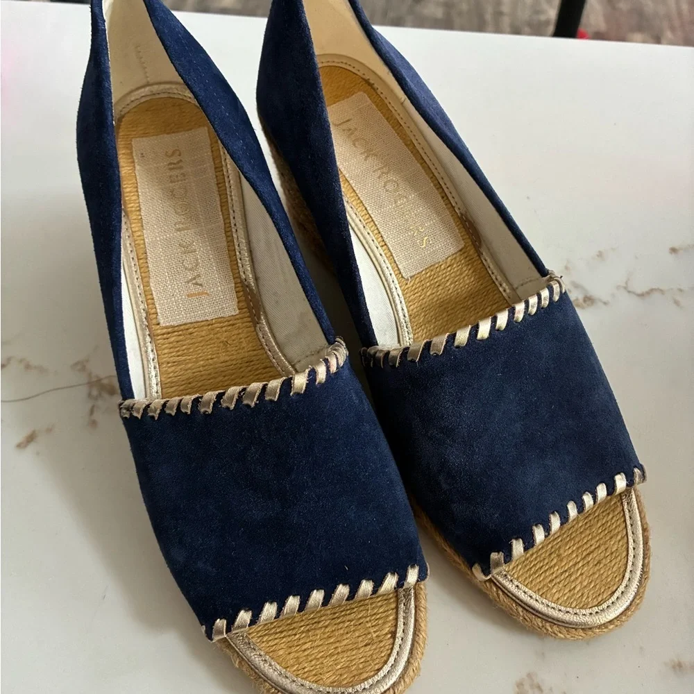 Jack Rogers navy and gold espadrille wedges size 8.5